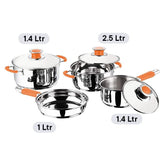 Kuber Steel Cookware Set (Pack of 4): Induction Cookware with Heavy Gauge | 1.4L Saucepan, 2.0L Kadai, 2.5L Casserole, 1L Frypan